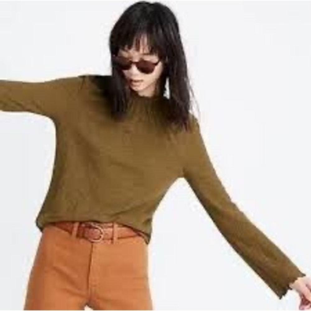 Madewell Texture & Thread Ruffle Neck Top Olive Green Cotton Long Sleeve Small